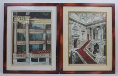 two framed pictures of a building with a staircase and a red carpet