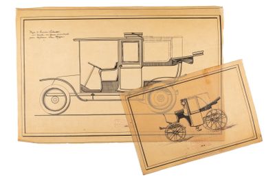 un vieux dessin représentant une calèche à côté d'un dessin représentant une calèche