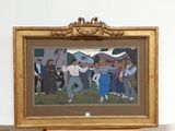 painting of a group of people dancing in a field with a bird flying overhead