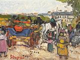 un tableau représentant une calèche tirée par des chevaux, avec des personnes tout autour