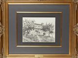 painting of a farm scene in a gold frame with a black and white picture