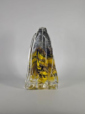 une petite bouteille en verre ornée d'un motif jaune et noir