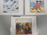 three postcards of a cartoon of a man and a woman on skis