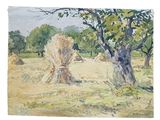 un tableau représentant un champ avec du foin et des arbres en arrière-plan