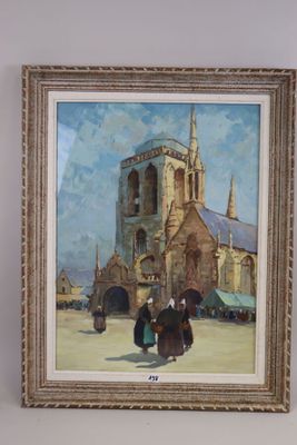 painting of a church with people walking in front of it