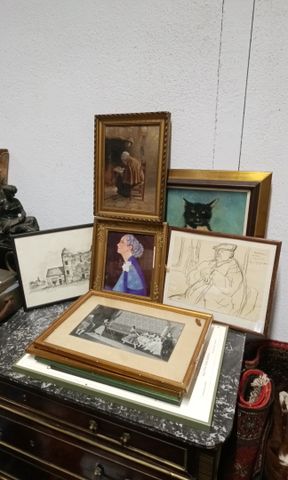 Lot de 10 cadres, huile sur toile, reproduction, affiche et diver...