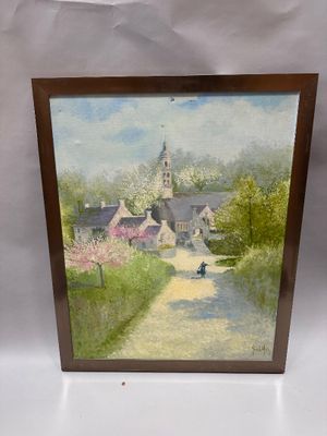 framed oil painting of a country road with a church in the background