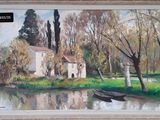 a painting of a boat on the water in front of a house