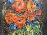 une peinture à l'huile représentant des fleurs dans un vase sur une table