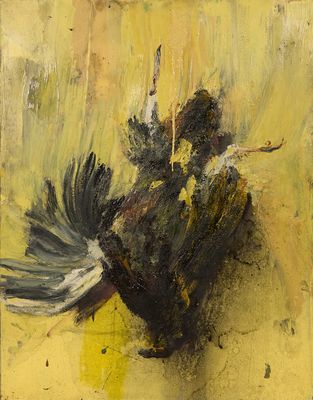 une peinture à l'huile représentant un coq sur fond jaune