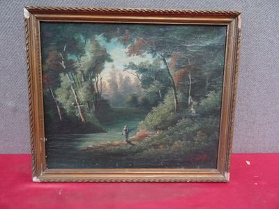 a painting of a man fishing on a river in a wooded area