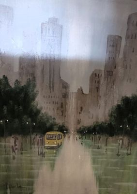 Stephen KAYE, "Jour de pluie". Huile sur toile, signée en ba…