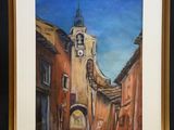 painting of an old building with a clock tower in the middle of it