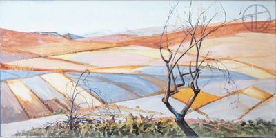 une peinture d'un arbre au milieu d'un champ