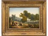 an oil painting of a landscape with horses and people on a path