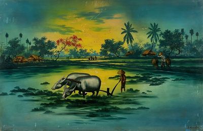 painting of a painting of an elephant and a man in a field