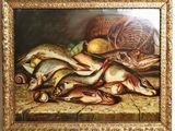 tableau représentant une nature morte composée de poissons et de légumes posés sur une table