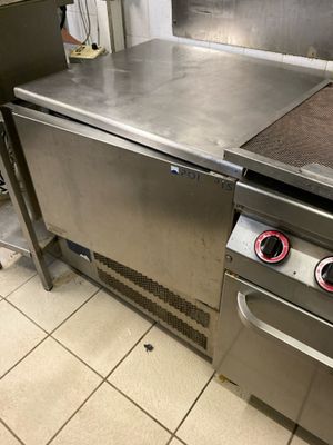 stainless steel counter top in a commercial kitchen with two burners on each side