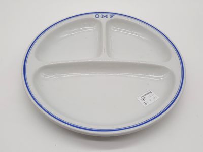 a white plate with a blue stripe on it