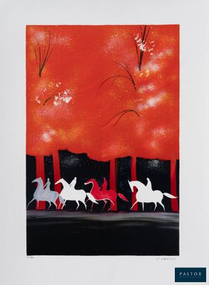 une image représentant un tableau où l'on voit un groupe de chevaux galopant dans une forêt