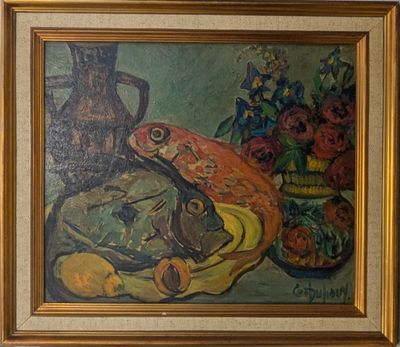 une photo d'un tableau représentant un poisson posé sur une table