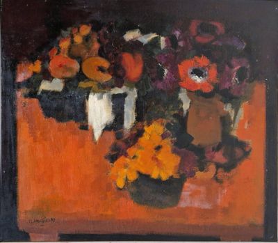 une peinture à l'huile représentant des fleurs dans un vase sur une table