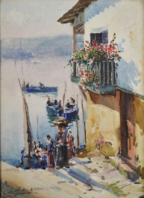 une peinture représentant un bateau sur l'eau, près d'un bâtiment