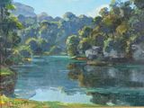 un tableau représentant une rivière au milieu d'une forêt