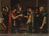 painting of a group of men standing around a table with a bowl of food