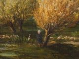 a painting of a person standing in a field with geese