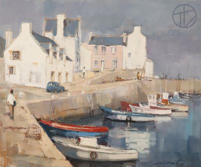 a painting of boats docked in a harbor on a cloudy day