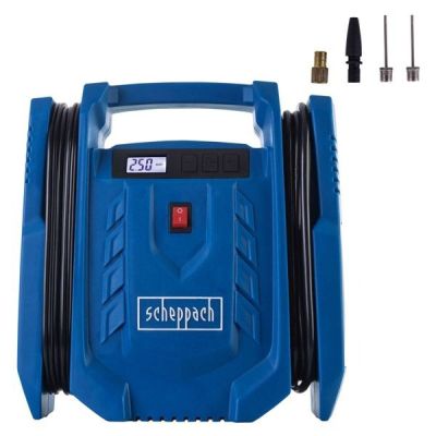 a close up of a blue portable air compressor with a hose