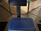 an image of a weighing machine with a blue tray on it