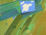 une peinture abstraite représentant un avion vert sur fond de ciel bleu