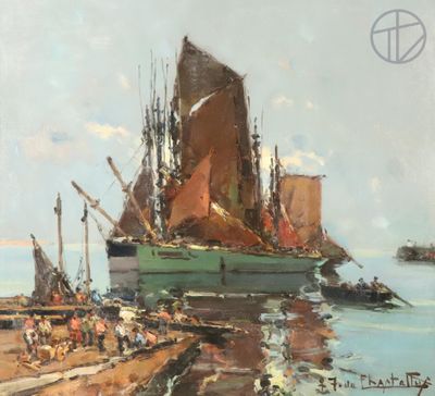 painting of a painting of a boat in the water near a dock