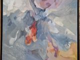 une peinture à l'huile représentant une femme en robe bleue tenant un parapluie rouge