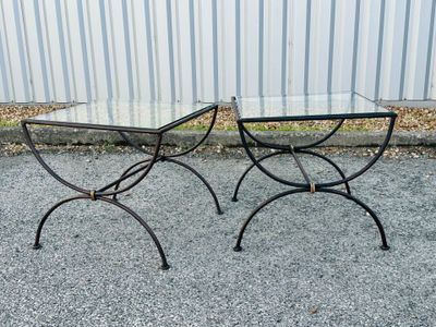 pair of wrought iron and glass side tables with glass tops