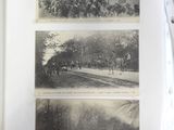three black and white photos of people riding horses in the snow
