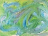 peinture représentant des tourbillons verts et bleus sur fond blanc