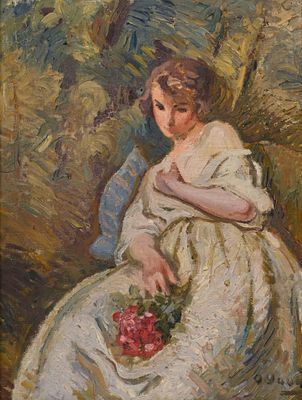 tableau représentant une femme en robe blanche tenant un bouquet de fleurs