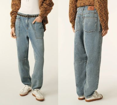 two photos of a woman in a brown sweater and jeans