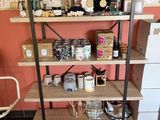 a shelf with various items on it in a room