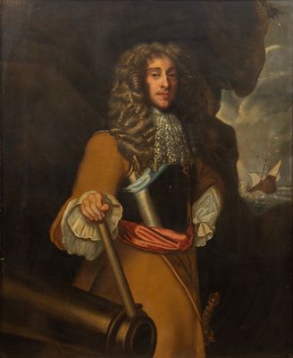 portrait of a man in a brown coat holding a sword and a cannon