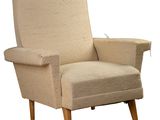 an image of a beige chair with wooden legs and a beige upholstered chair