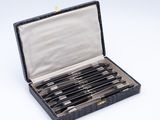 a black case with six knives inside of it
