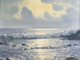 an oil painting of a beach scene with waves crashing on the shore