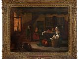 un tableau représentant une femme dans une cuisine, en compagnie d'un chat et d'autres personnes
