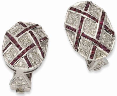 Boucles D'Oreilles EN OR Gris 14k, Diamants ET Rubis