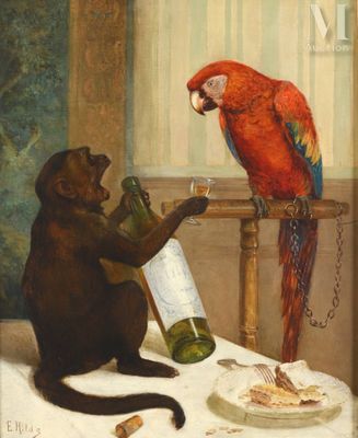 a painting of a monkey and a parrot sitting at a table