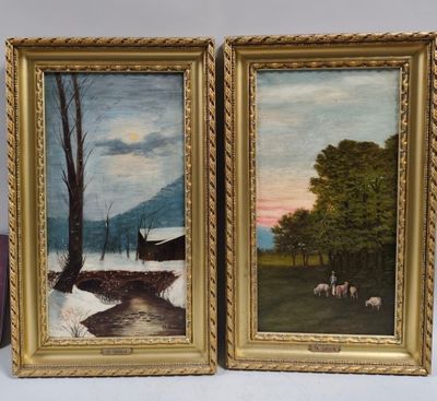 deux tableaux représentant des moutons dans un champ, avec une grange en arrière-plan